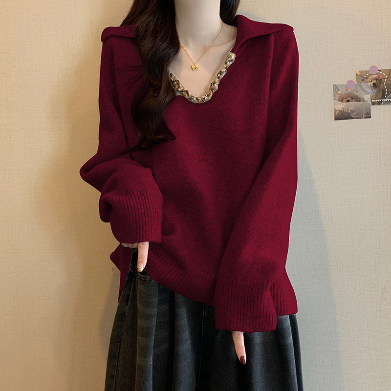 2025新款红色毛衣女秋季宽松慵懒风法式重工小众翻领针织上衣大码