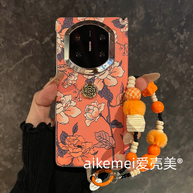 适用华为mateX7典藏版折叠屏手机壳橘色国风花朵matex6中轴保护vi