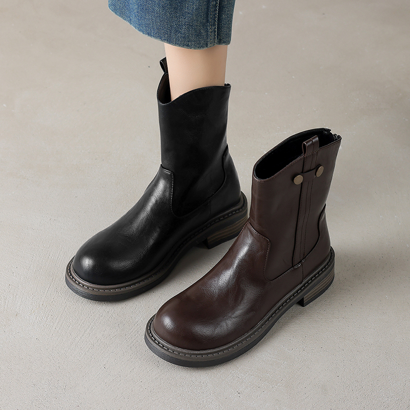 舒服复古粗跟中跟短靴女春秋单靴2025年新款圆头瘦瘦靴大码41-43