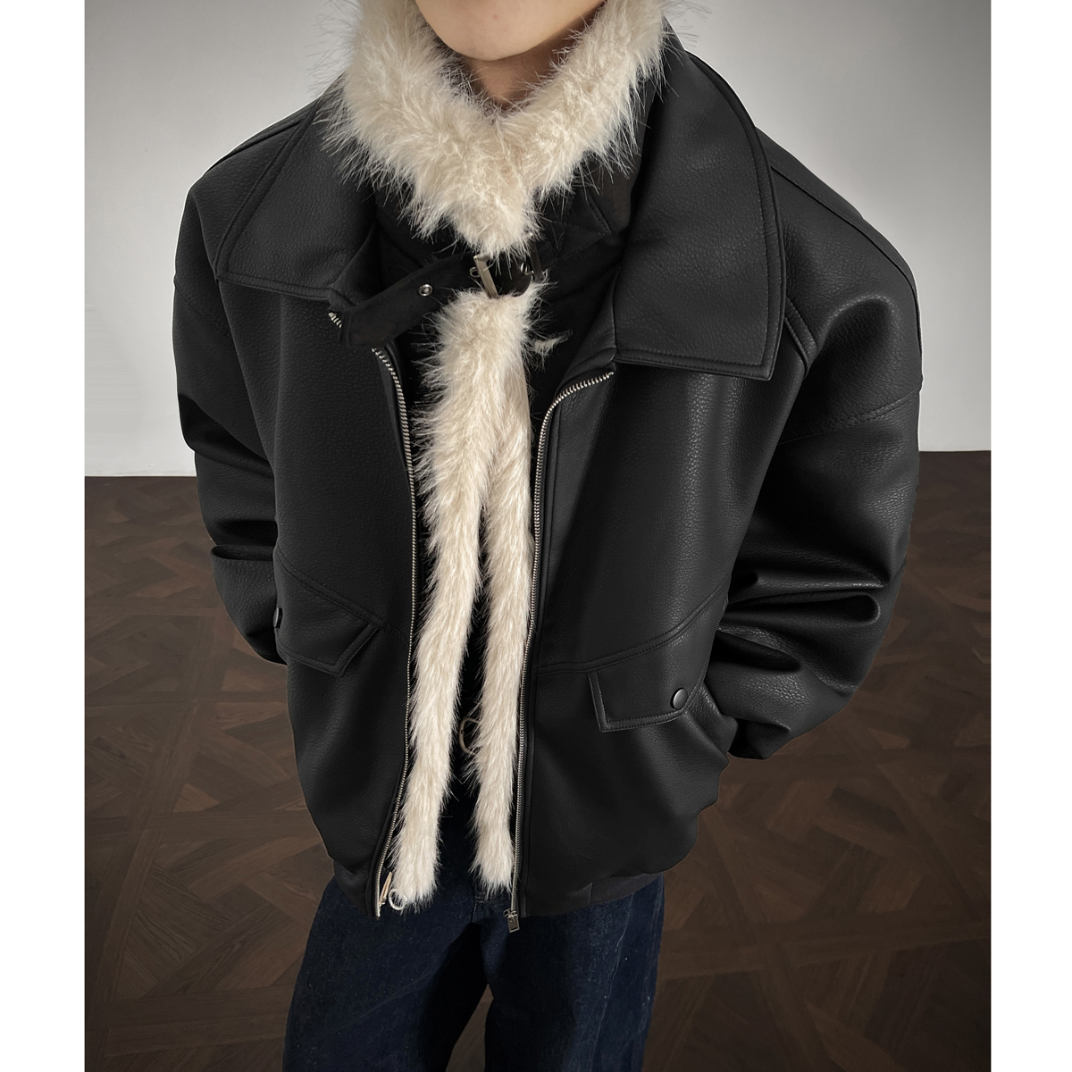 美式复古毛领拼接PU皮衣棉服男潮冬季情侣保暖加厚座山雕棉衣外套