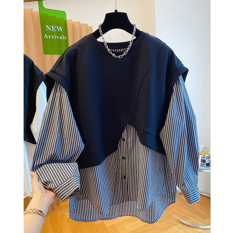 春秋新款设计感假两件长袖拼接卫衣大版宽松文艺上衣百搭潮流女装