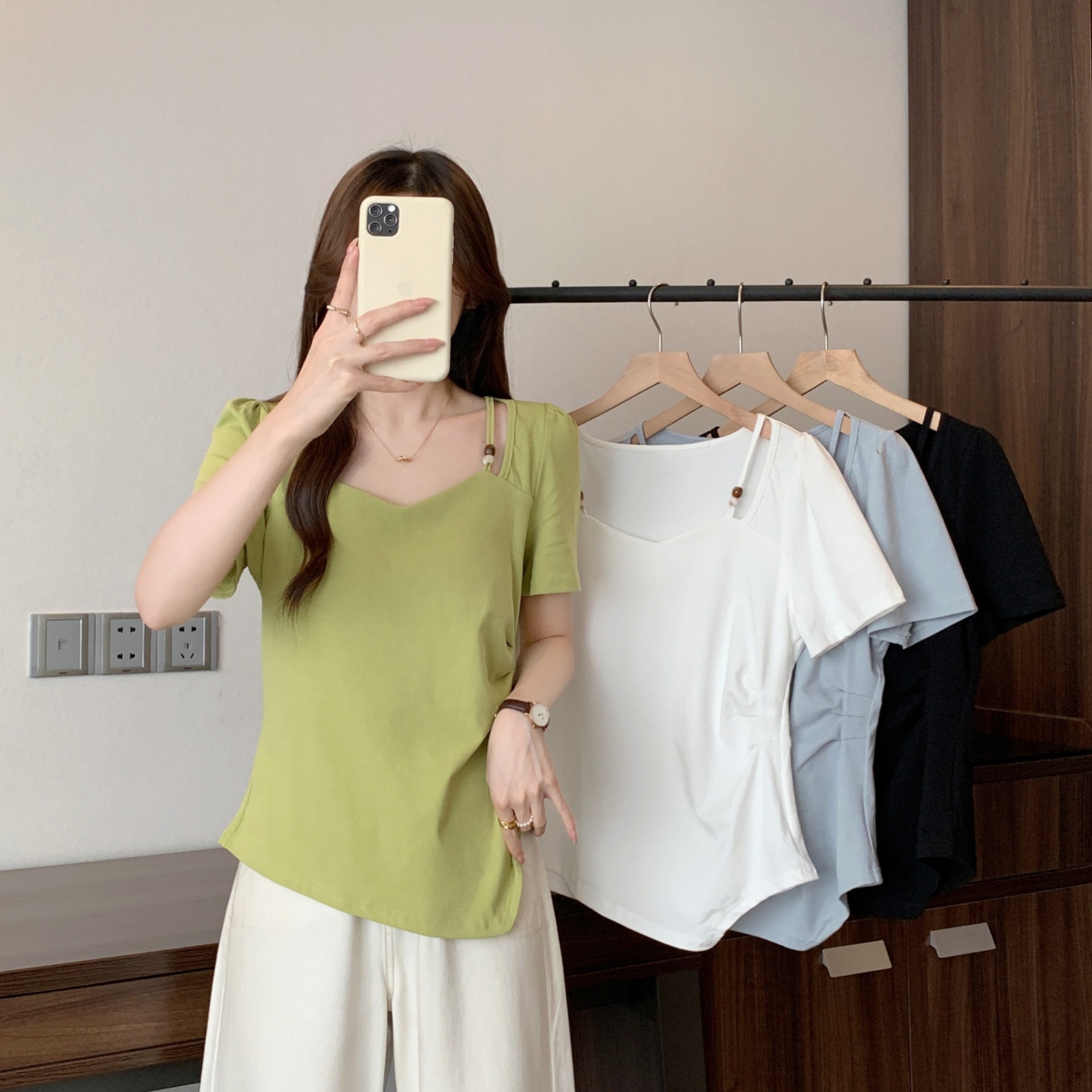 2025年夏季新款胖mm大码法式串珠V领正肩t恤不规则修身上衣64601