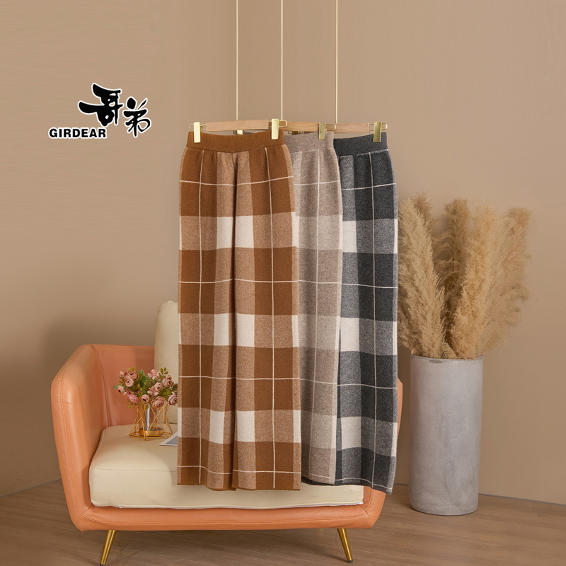 动感哥弟羊毛女裤冬季新款外穿针织保暖裤时尚休闲格纹阔腿裤厚款