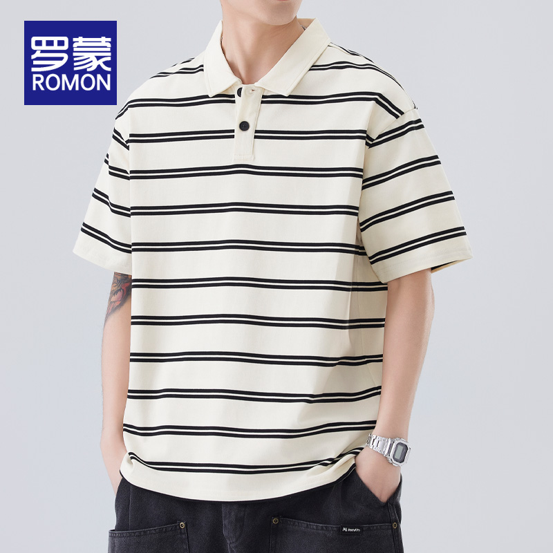 罗蒙美式条纹休闲夏季薄款男士Polo衫2025新款宽松短袖上衣服男款