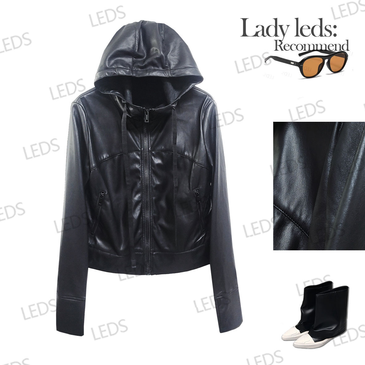 LEDS  20553秋冬欧美风休闲连帽修身长袖夹克皮衣