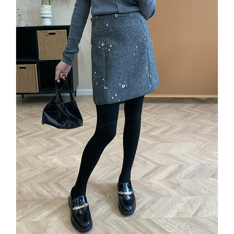 【南油谨宸】亮片设计感秋冬毛呢短裙高腰显瘦气质A字半身裙802067