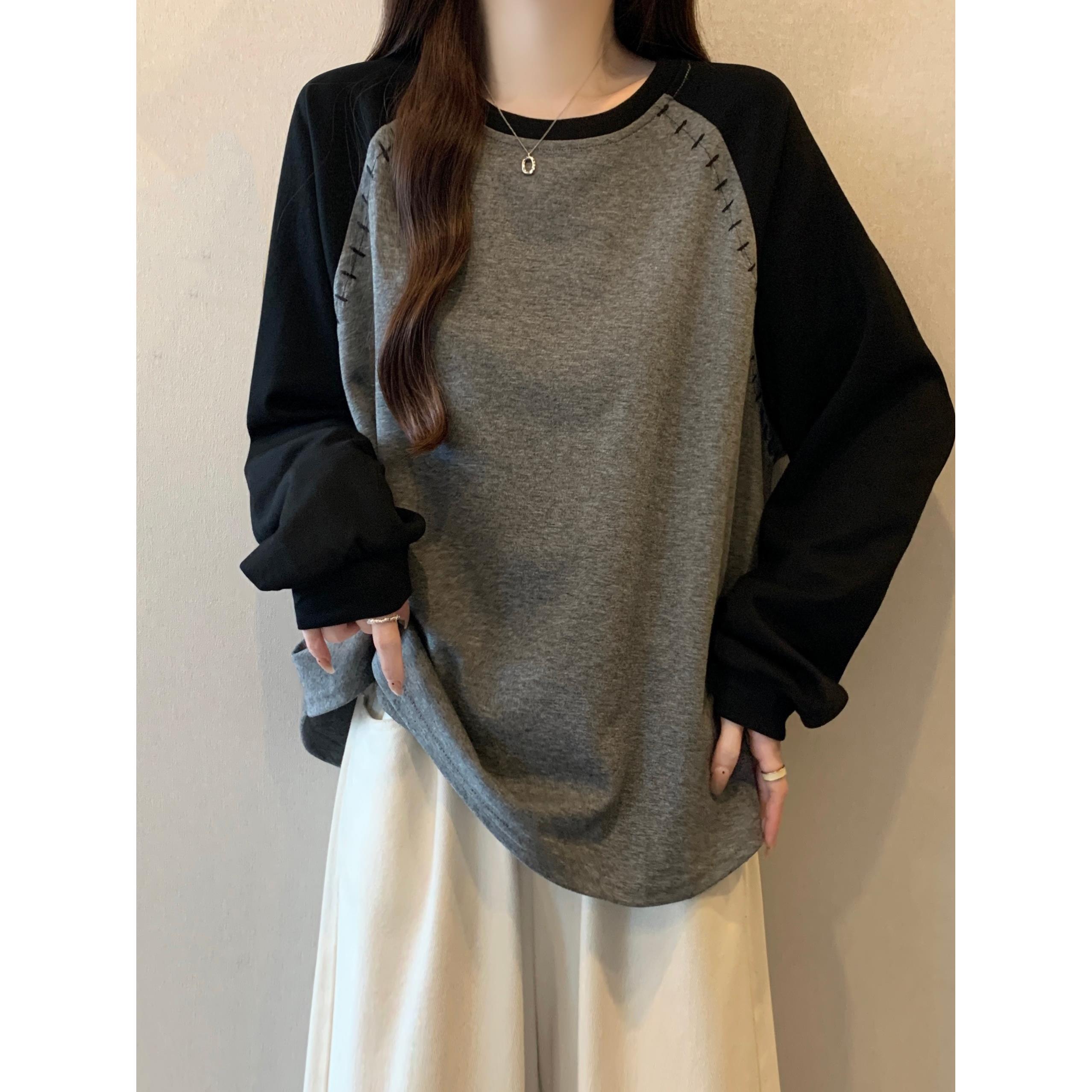 黑灰色插肩袖正肩长袖T恤女2025秋新款大码胖mm美式炸街显瘦上衣