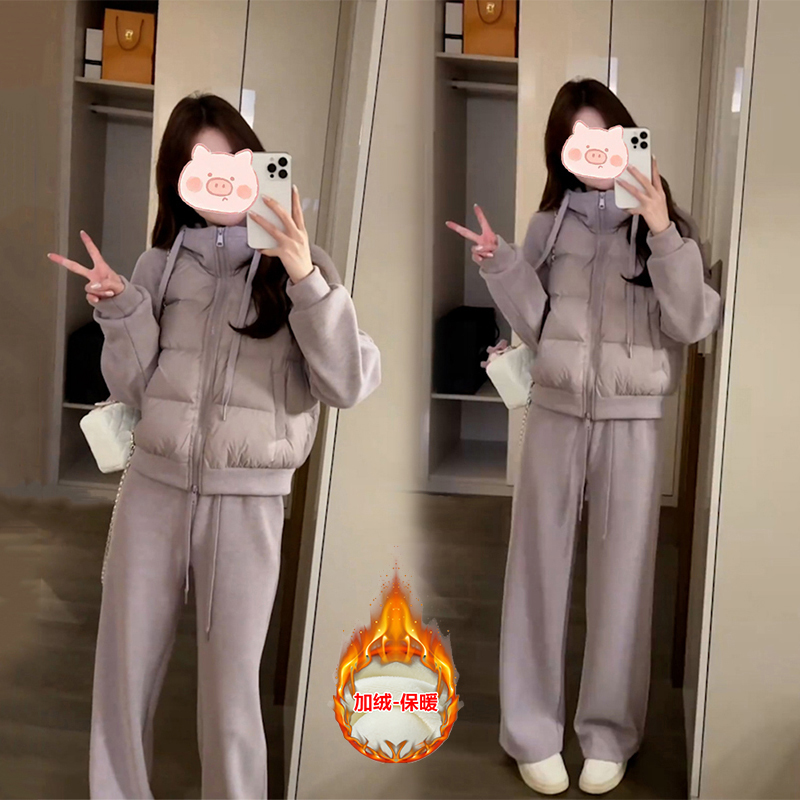 时尚洋气套装女秋冬季爆款法式保暖连帽棉服外套加绒休闲裤两件套