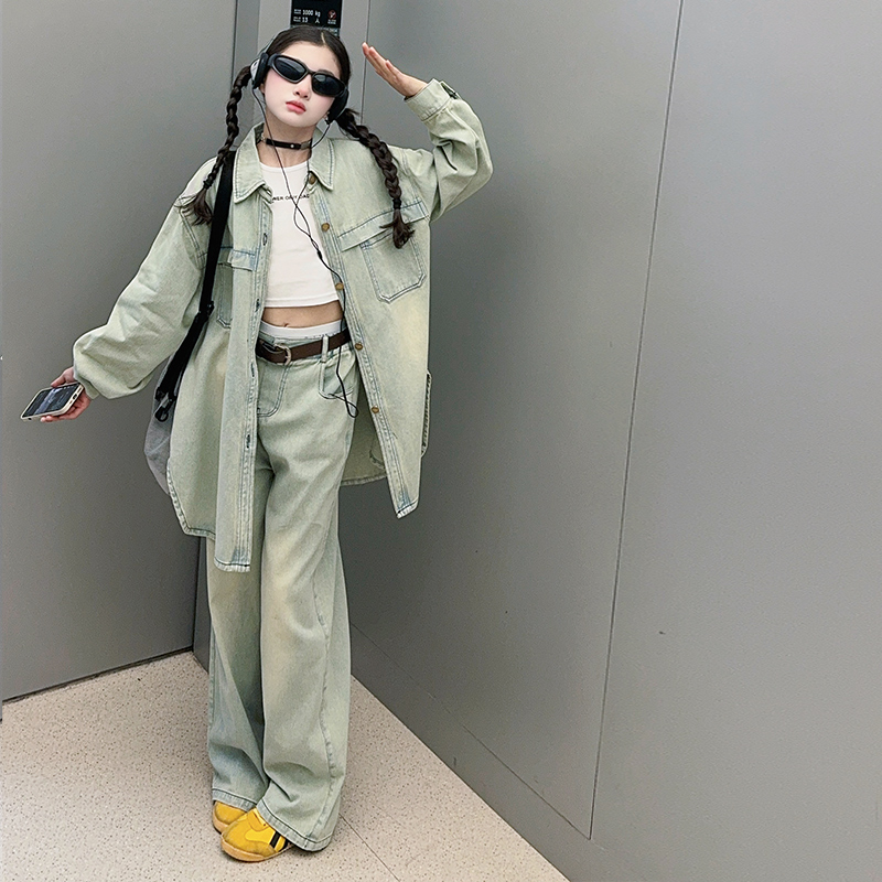 女童牛仔衬衫阔腿裤套装6-12岁春秋2025韩版中大童时髦洋气长款潮