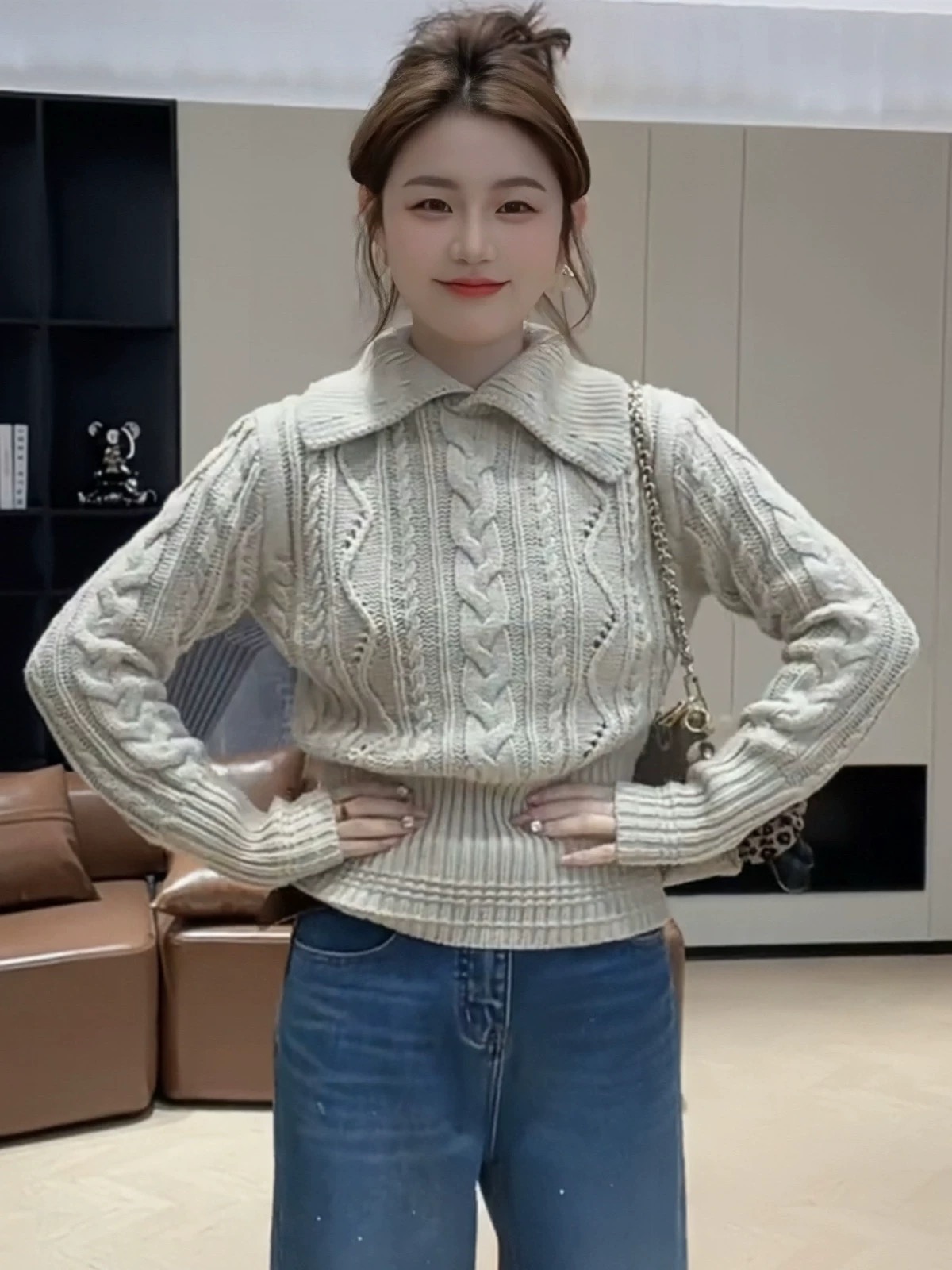 慵懒风软糯麻花翻领针织毛衣女2025秋冬新款宽松漂亮外穿打底上衣