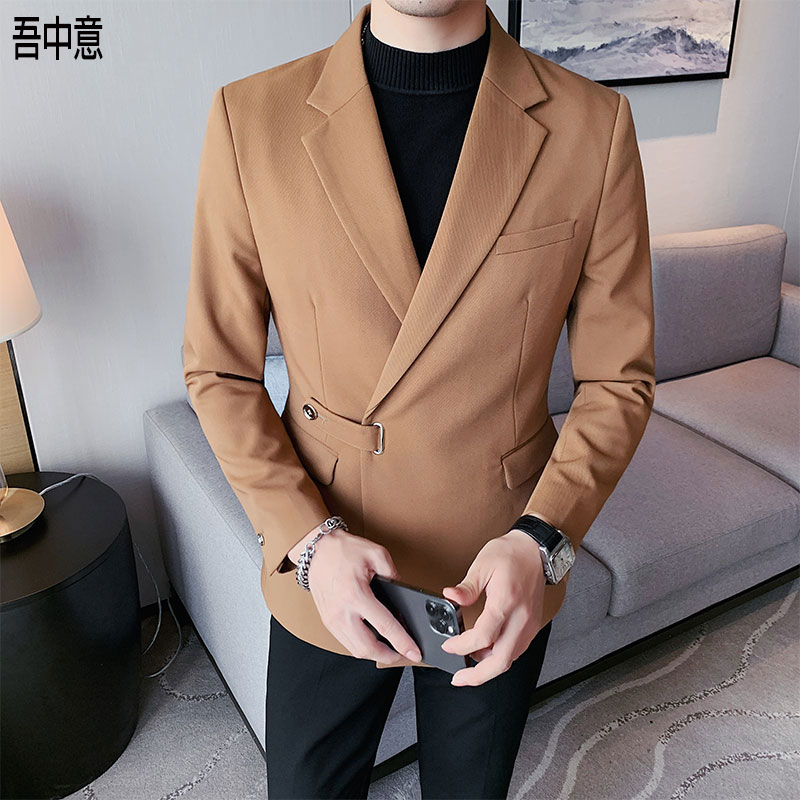 高级感西装外套男韩版修身春秋商务时尚宴会礼服设计感搭扣西服男