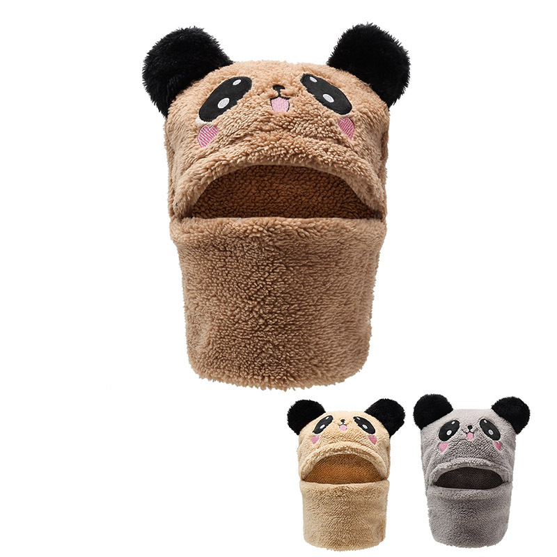 熊猫刺绣围脖帽子一体毛绒帽可爱宝宝护耳帽男女童保暖亲子帽