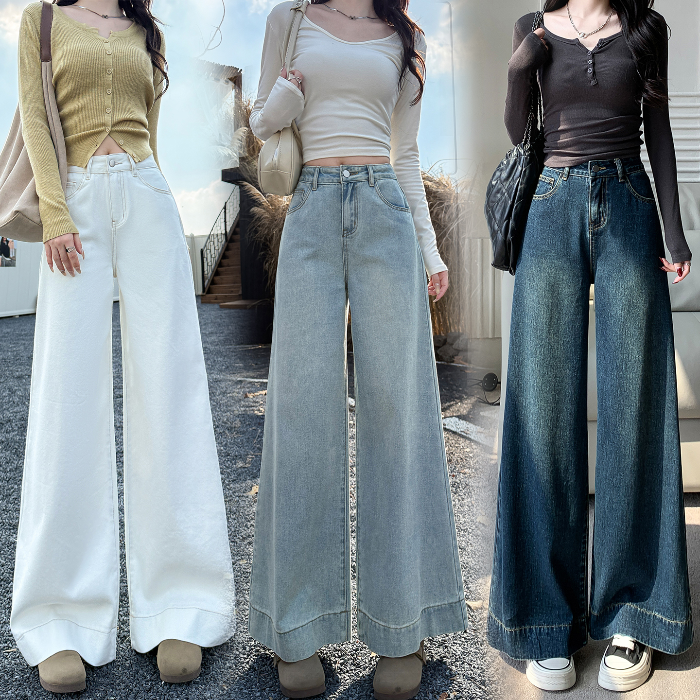 早秋高腰显瘦遮肉牛仔裤女小个子复古风牛仔垂感宽松出游牛仔裤女