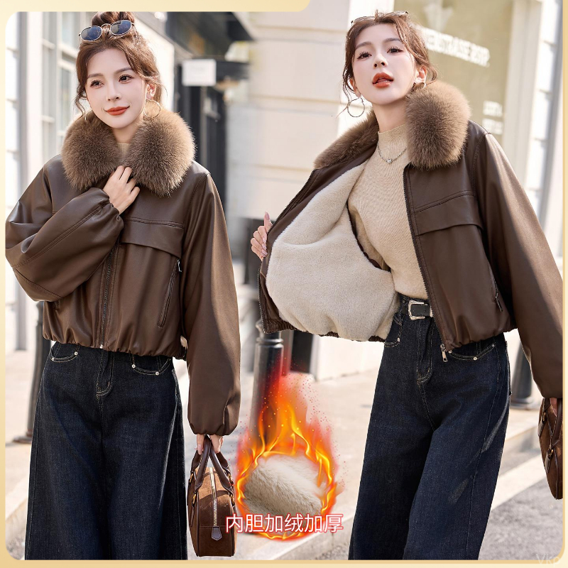 【海宁皮衣】加绒加厚小个子皮衣外套时尚减龄女冬季保暖夹克棉服
