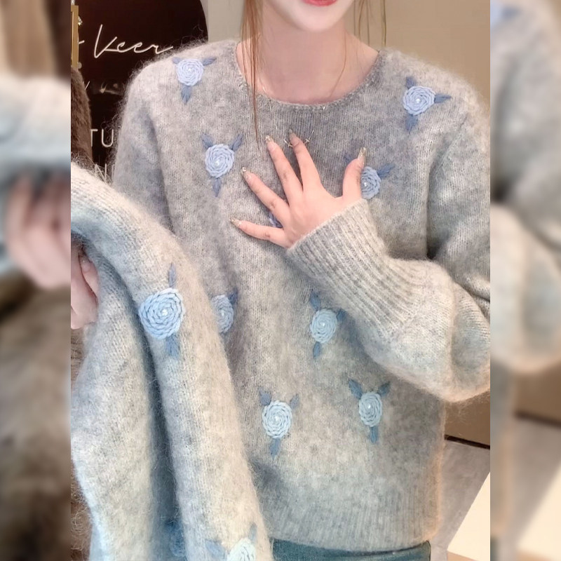 2025秋冬季新款女士慵懒风蕾丝花边针织衫宽松显瘦百搭时尚上衣服