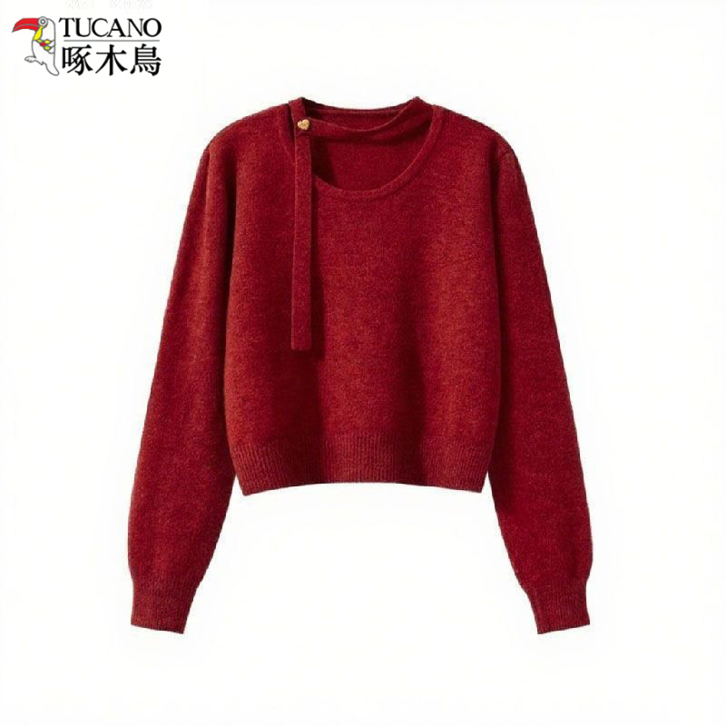 TUCANO/啄木鳥秋冬新款毛衣女小个子高级飘带针织衫宽松套头上衣