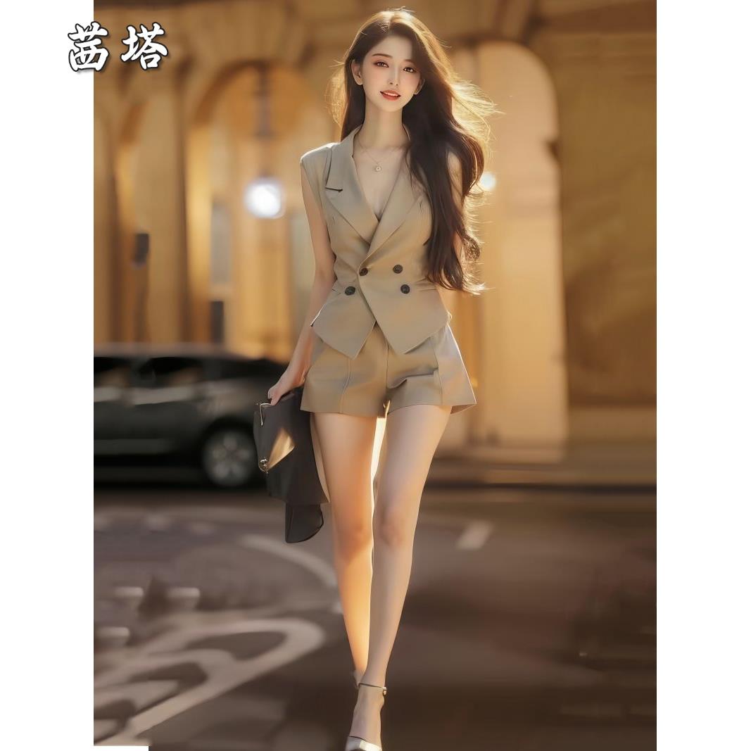 名媛气质套装女夏季2025新款时尚无袖西装马甲上衣显瘦短裤两件套