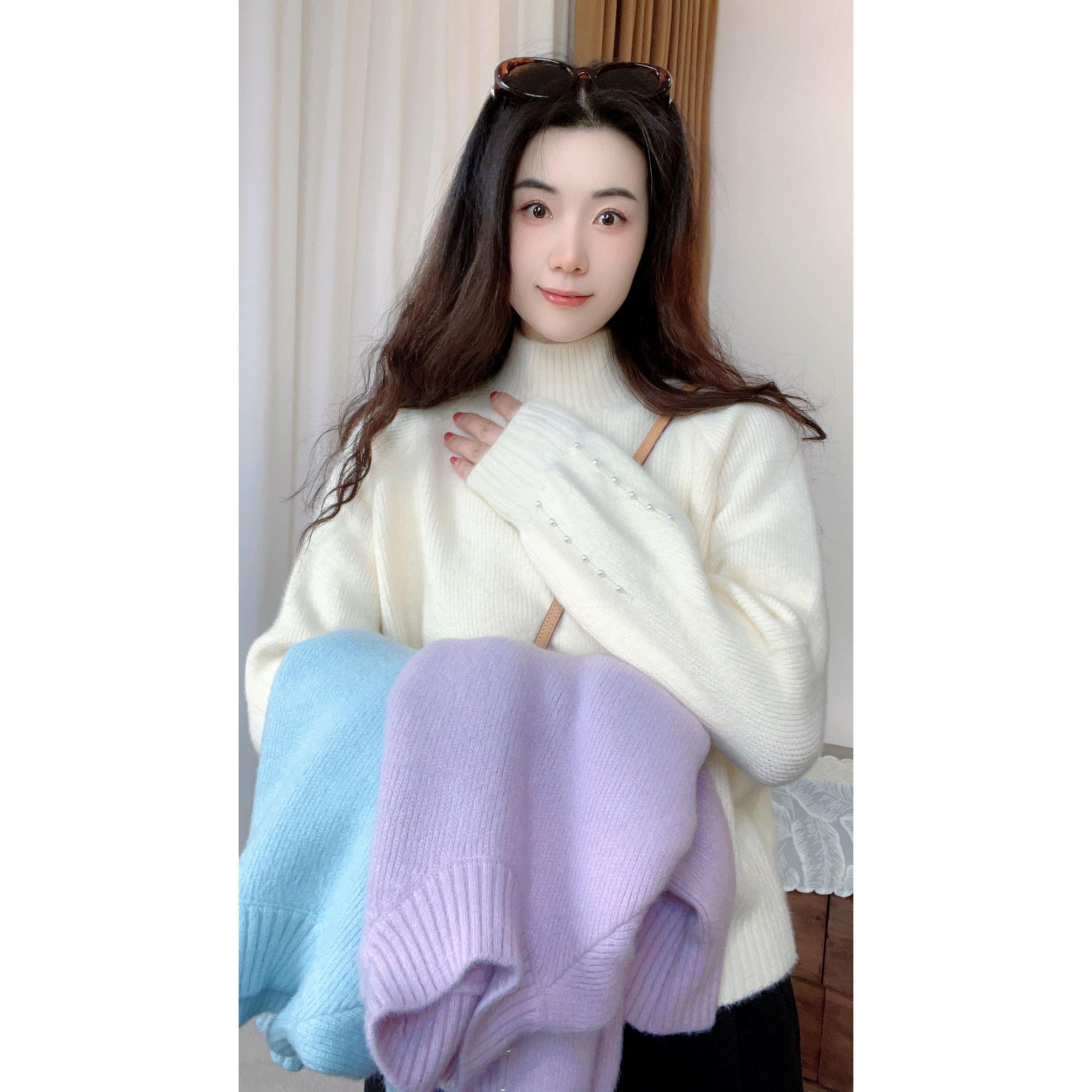 悠悠~【珍珠糖】2025不起球加厚水毛绒绒立领小米珠长袖纯色毛衣~