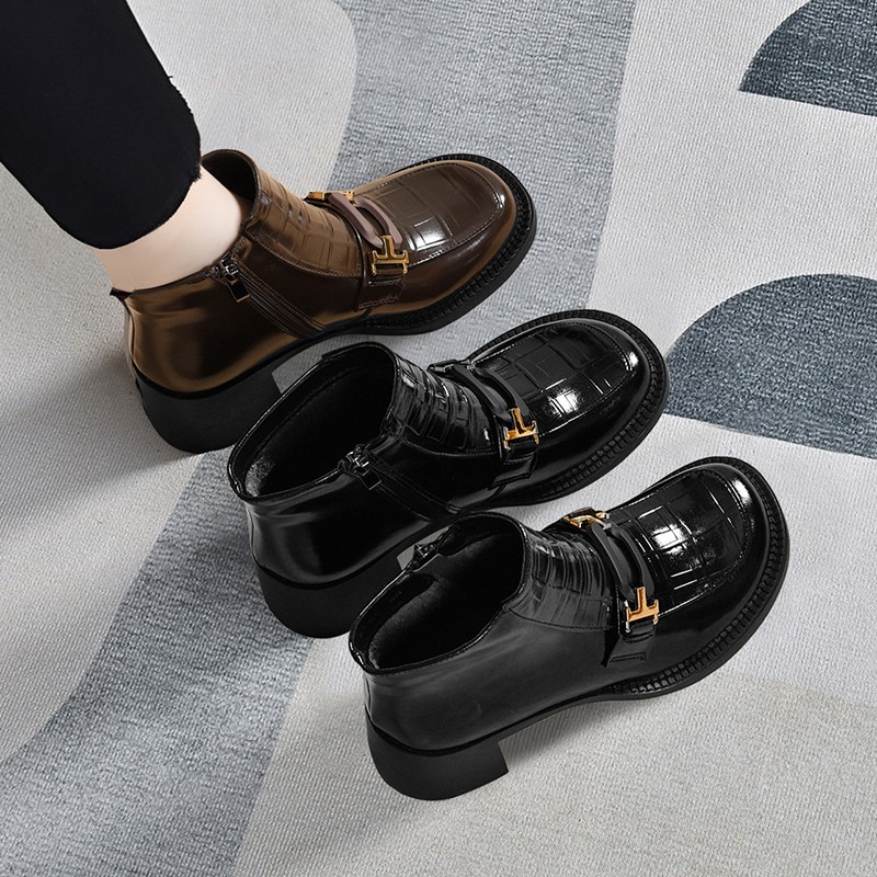 2025新款短靴女粗跟女鞋圆头软底秋冬加绒高帮皮鞋英伦大头马丁靴