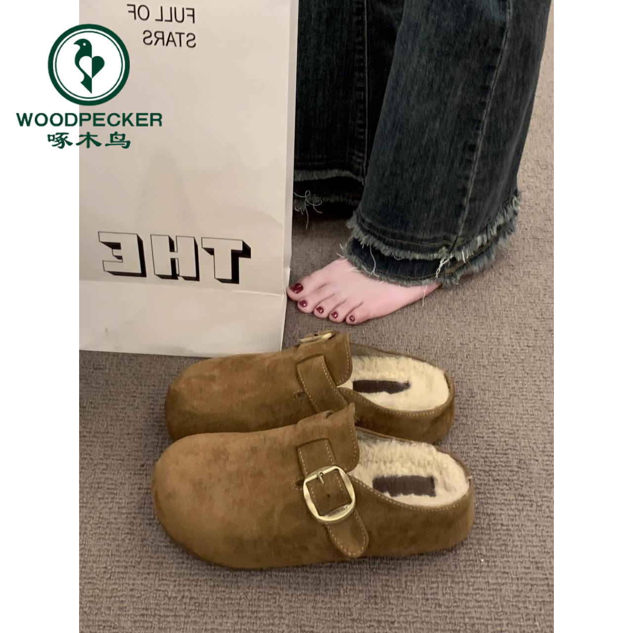 啄木鸟厚底加绒毛毛半拖勃肯鞋女2025冬新款一脚蹬包头棉拖鞋外穿