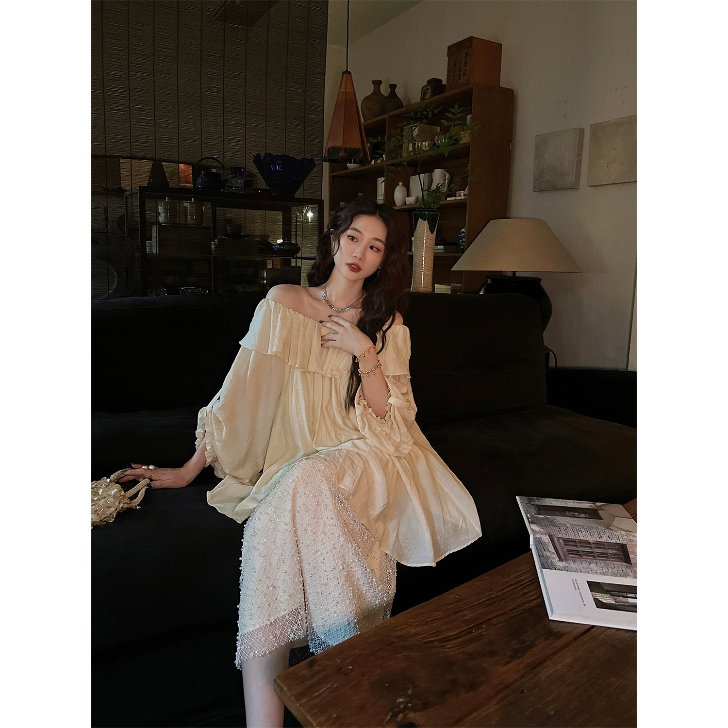 三吉黑花【落玉盘】假两件连衣裙子2025新款新中式一字肩长裙穿搭