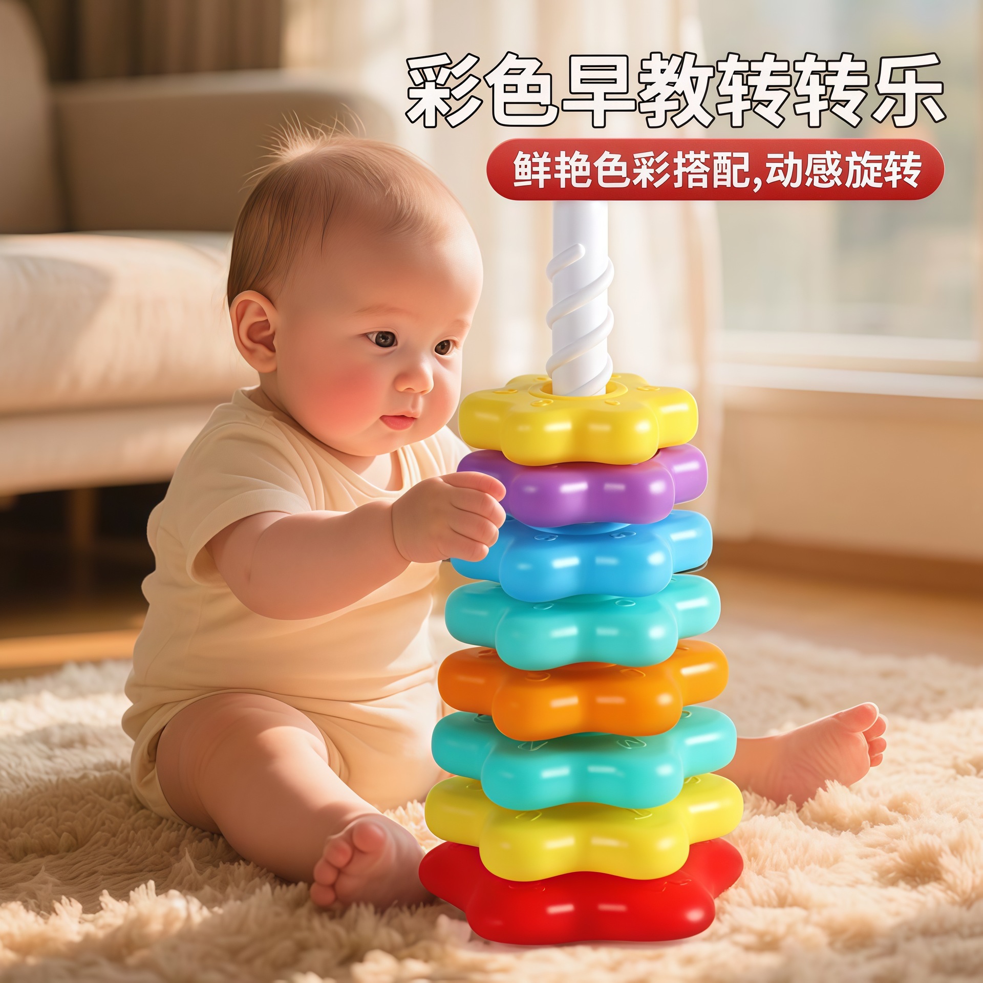 彩虹转转乐叠叠乐婴幼儿转转塔0-3岁宝宝旋转叠套圈玩具益智早教