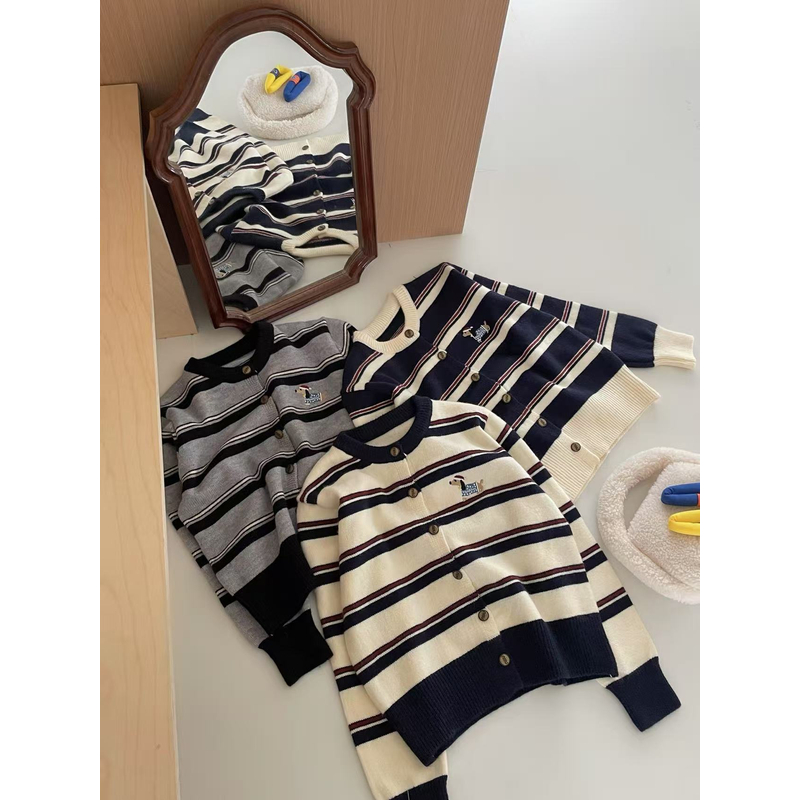 时尚圆领条纹拼色小狗刺绣长袖针织开衫女宽松秋冬毛衣外套上衣女