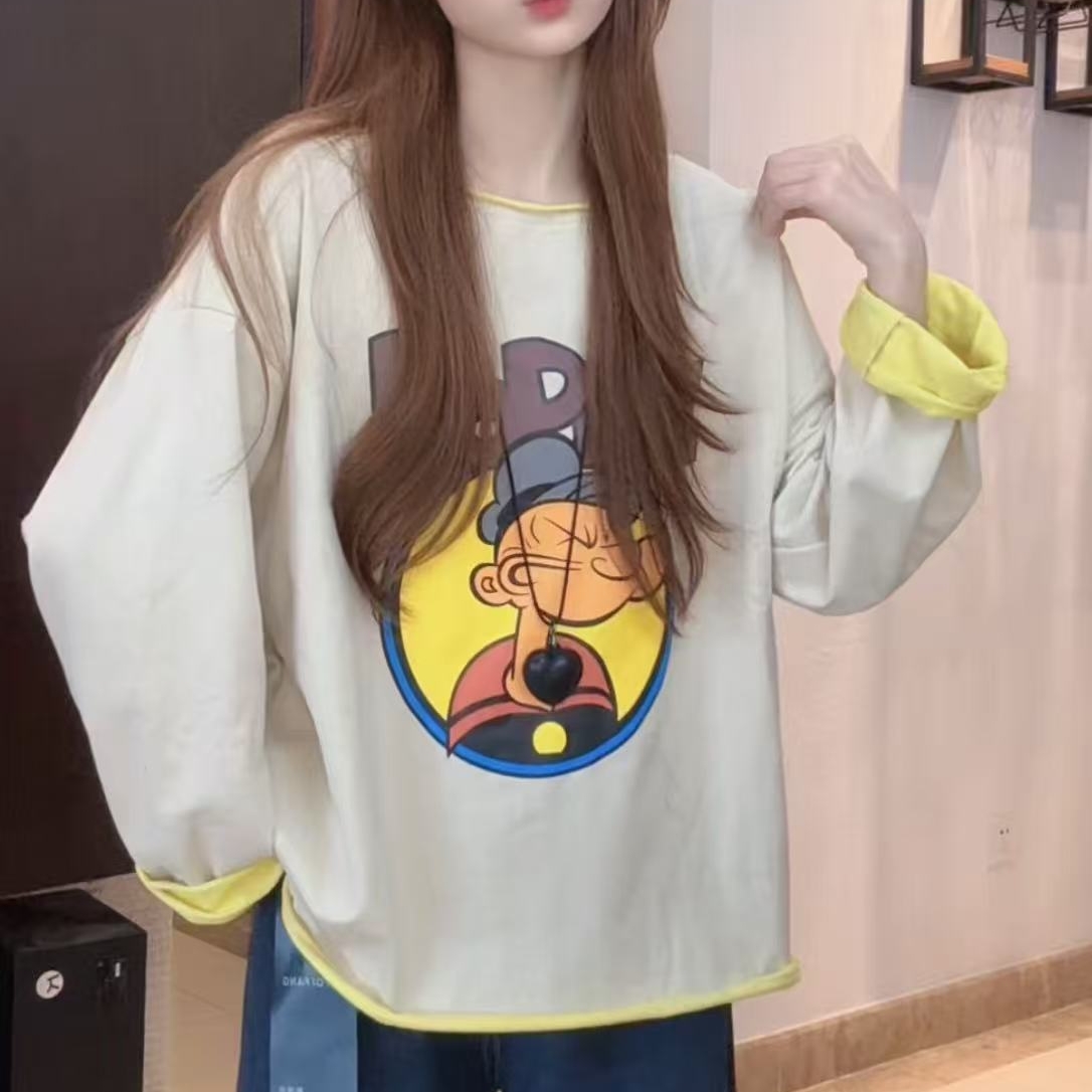 设计感动画人物宽松圆领长袖T恤女2025早秋新款百搭洋气显瘦上衣