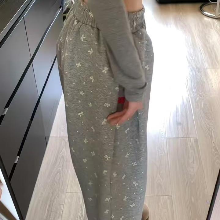 美式灰色蝴蝶结波点运动裤女夏季宽松覆古高腰直筒休闲 阔腿卫裤