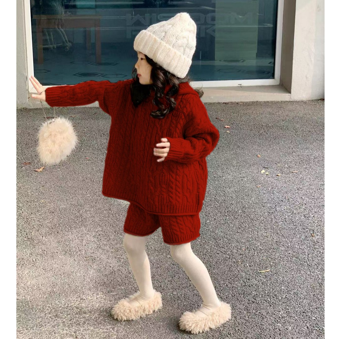 拜年服童装女童红色新年套装秋冬新款洋气儿童毛衣圣诞针织两件套