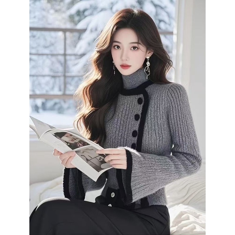 小众高领毛衣秋冬2025冬季假两件开衫别致加厚针织上衣洋气新款