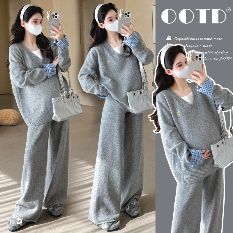 2026孕妇秋冬衬衣拼接V领时尚运动针织毛衣休闲款时尚套装显瘦