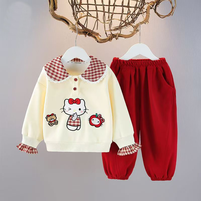2025新女童宝宝猫咪刺绣卡通春秋装小女孩洋气长袖外穿两件套开学