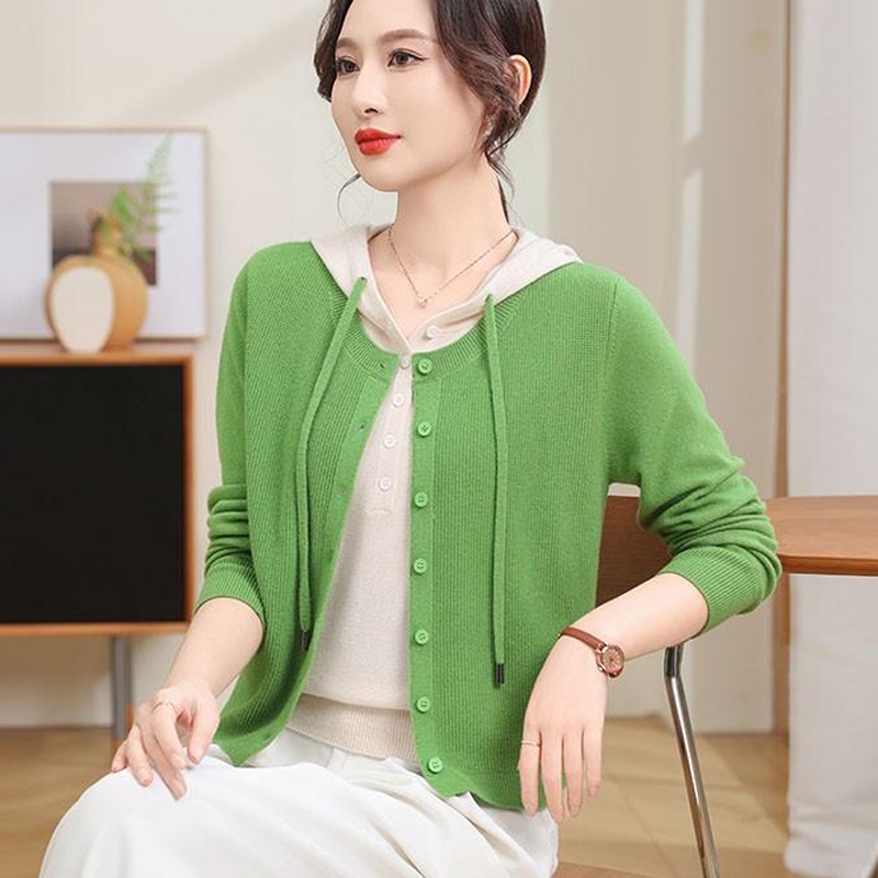 春秋新款假两件针织衫连帽开衫女长袖上衣宽松显瘦毛衣设计感外套