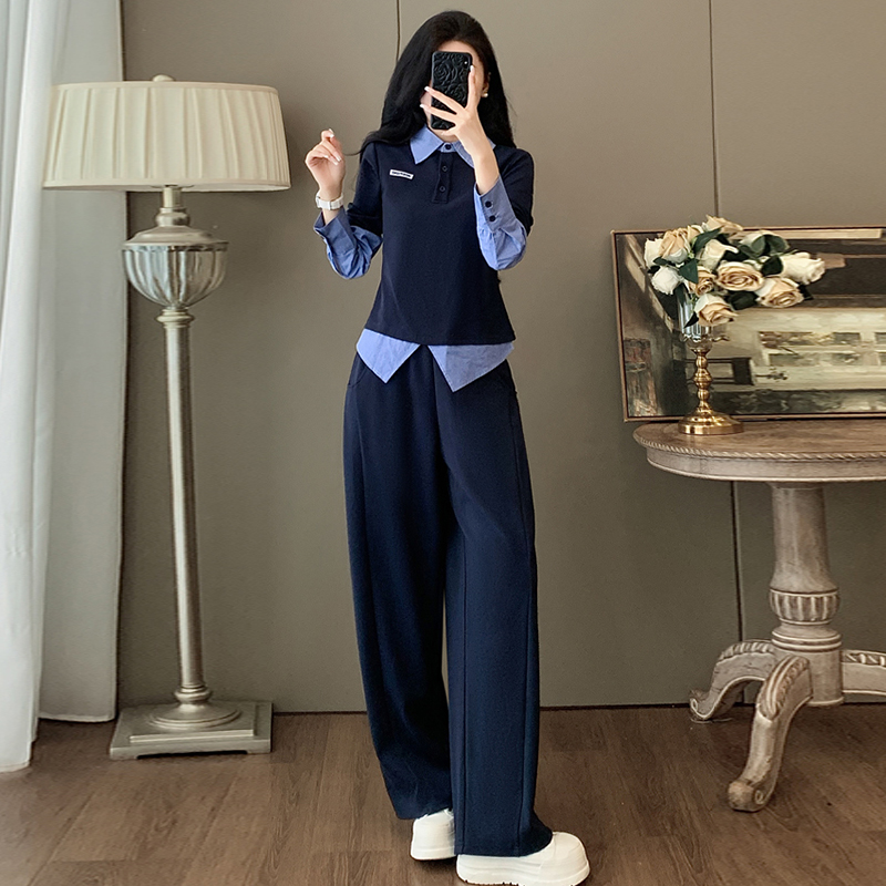 高含棉休闲套装女2025年春秋新款假两件撞色显瘦上衣阔腿裤两件套