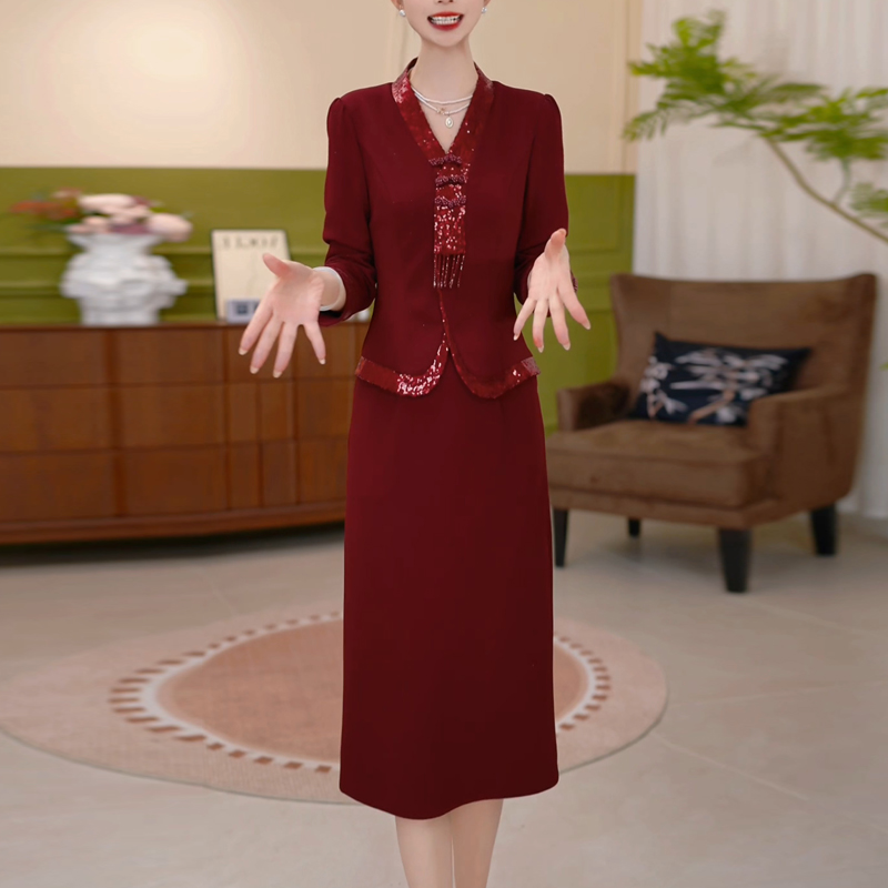 红色假两件气质连衣裙女2025秋季新款妈妈装喜婆婆婚宴礼服中长裙