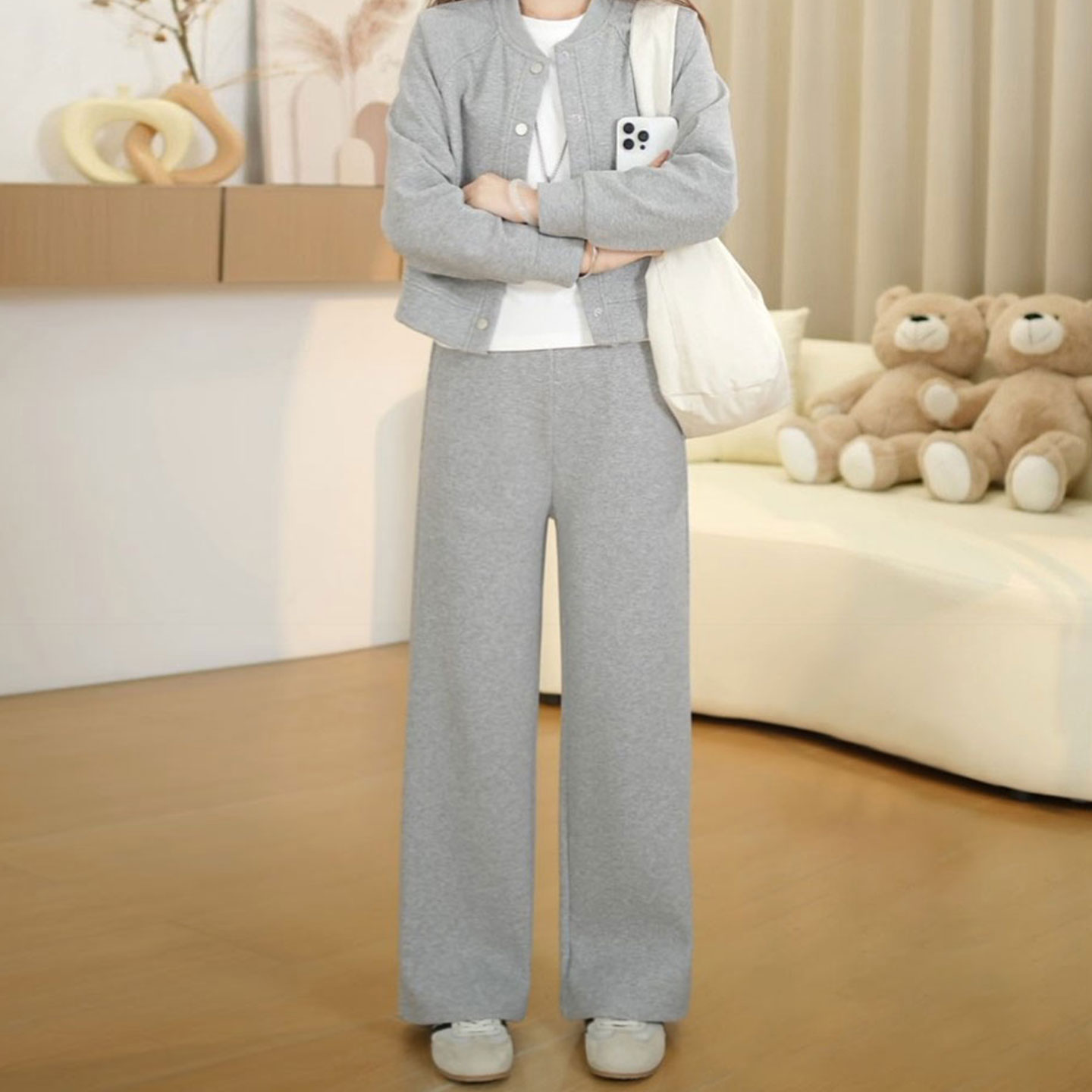 灰色加绒运动卫裤女冬150矮小个子穿搭高腰显瘦窄版直筒休闲裤子