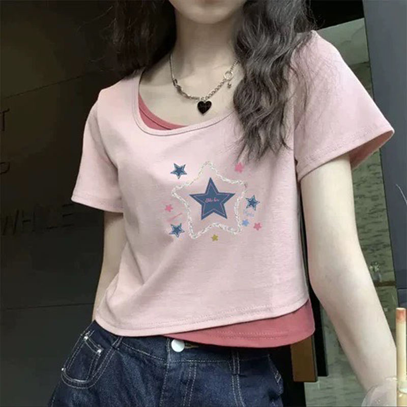 百搭设计感方领假两件上衣短袖女短款夏季2025修身纯欲风小众T恤