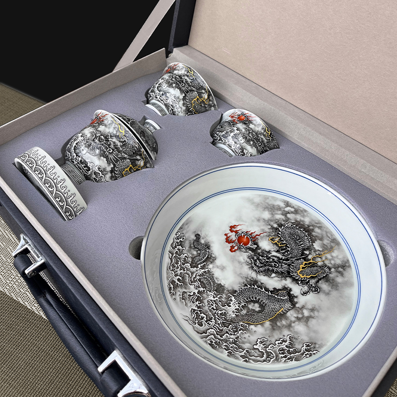 景德镇青花墨彩龙纹功夫茶具套装盖碗茶杯家用中式泡茶器高档送礼