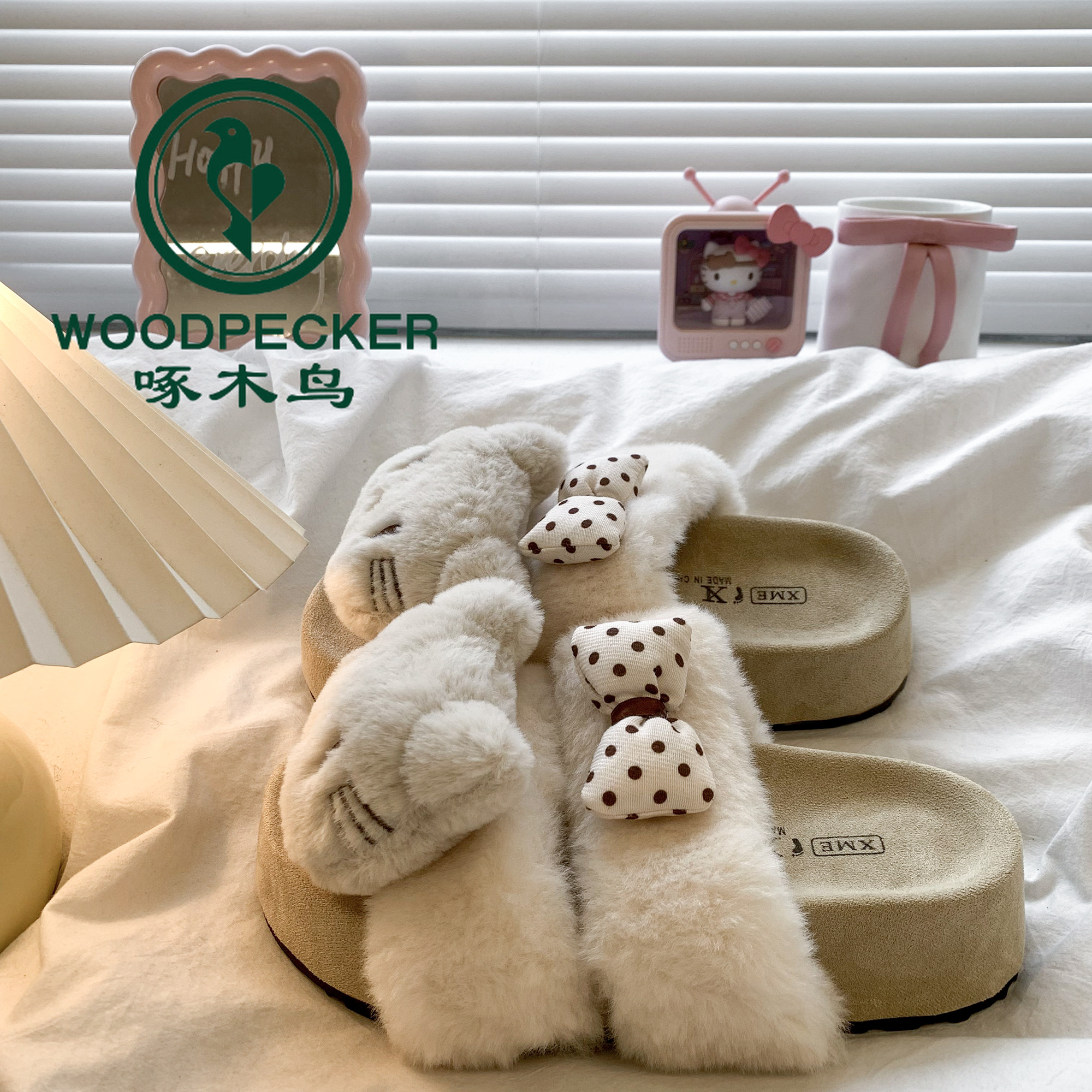 啄木鸟可爱凯蒂猫勃肯棉拖鞋女外穿2025秋冬新款厚底加绒毛毛拖鞋