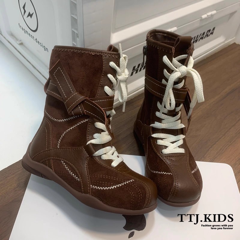 帅气女童骑士靴秋冬单靴25新款西部牛仔靴中大童系带马丁靴平底靴