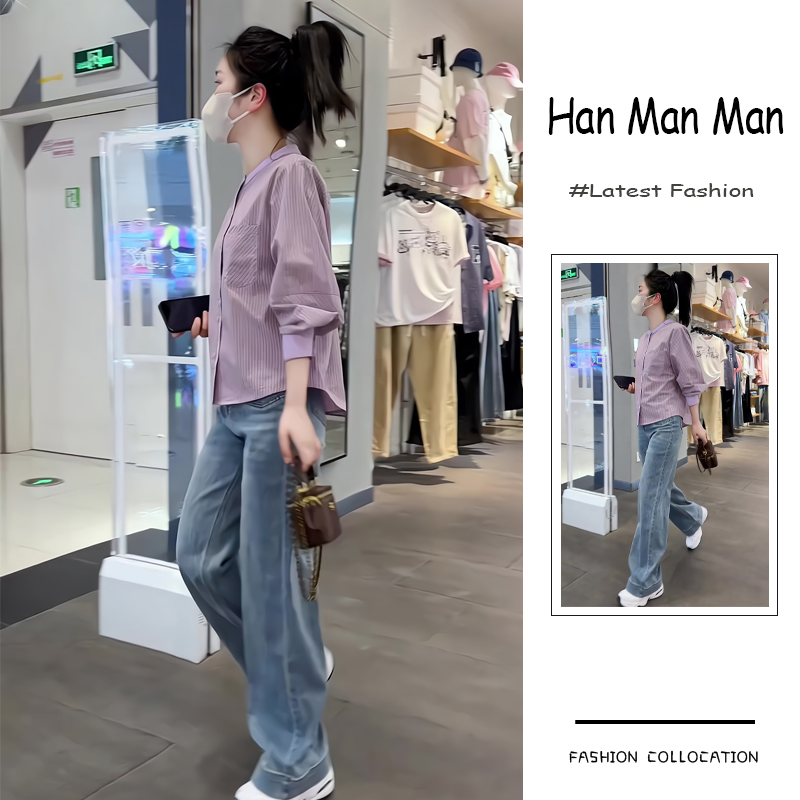 夏季流行穿搭一整套新款2025年韩版减龄显瘦条纹衬衫牛仔裤两件套