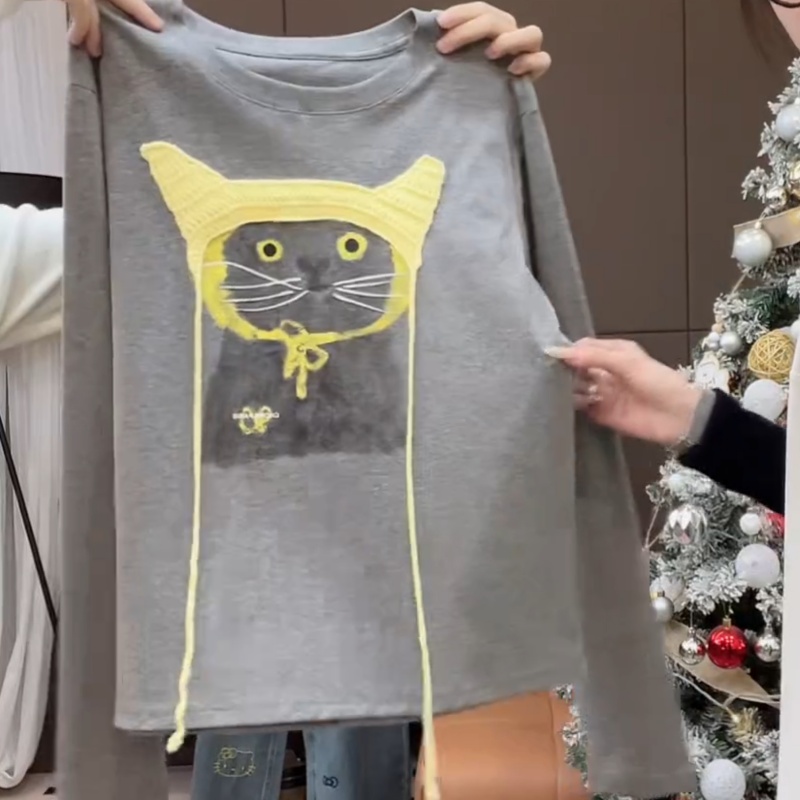 【戴帽小猫】新款流光风卡通猫咪印花长袖T恤上衣LK2508952