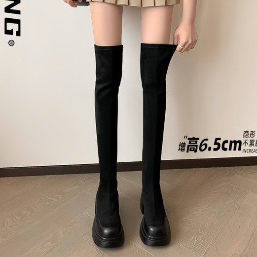 显瘦长筒弹力靴女秋冬新款过膝加绒厚底粗跟百搭瘦瘦套筒靴