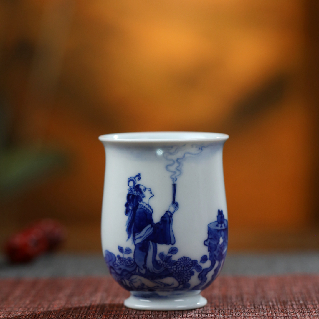 艺家仁清工陶瓷纯手工手绘貂蝉拜月闻香杯