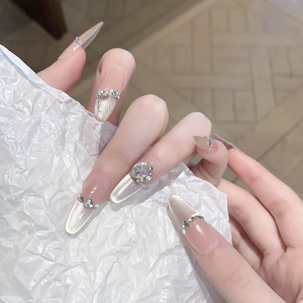 【灯火阑珊】手工美甲穿戴甲猫眼法式显白高级感中长款指甲贴纸