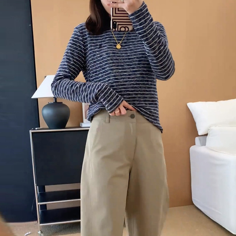 国潮复古条纹长袖t恤女2025秋冬新款显瘦设计感别致内搭打底衫潮