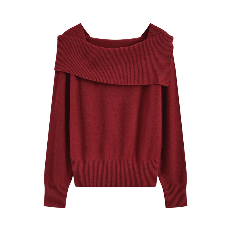 jzat一字领长袖针织衫女秋季新款胖MM宽松显瘦慵懒风软糯毛衣外穿