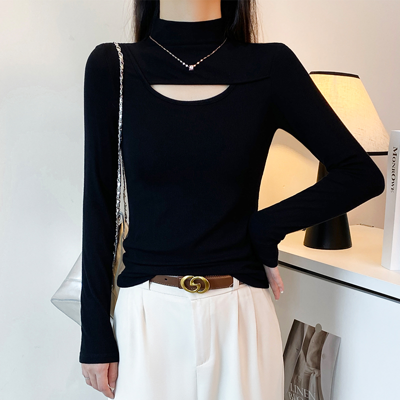 春秋螺纹半高领镂空长袖t恤女新款修身设计感内搭显瘦打底衫上衣