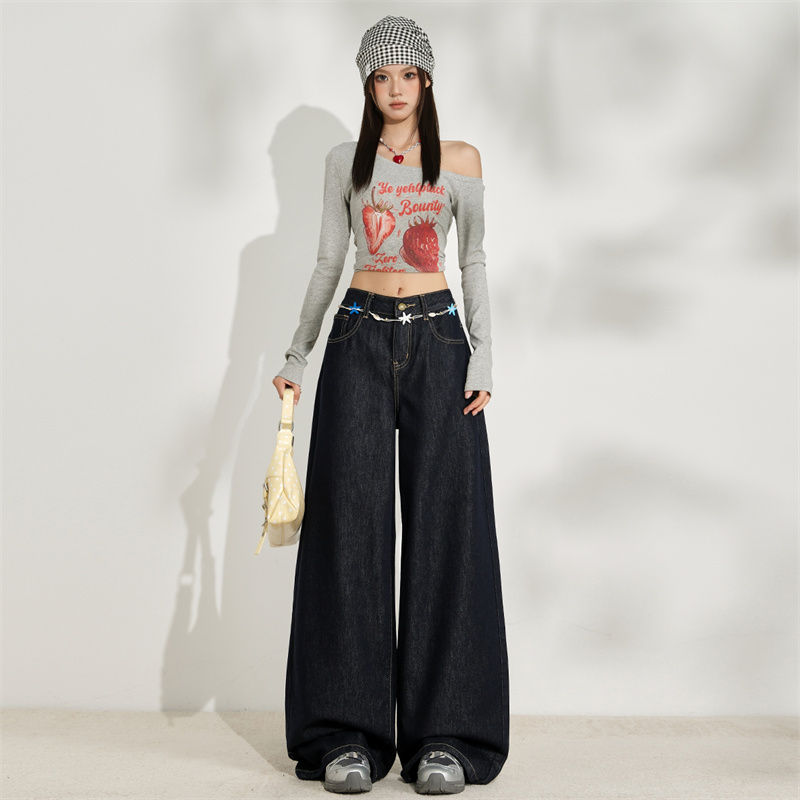 高腰垂感阔腿牛仔裤女2025年新款早秋深蓝显瘦百搭宽松直筒拖地裤